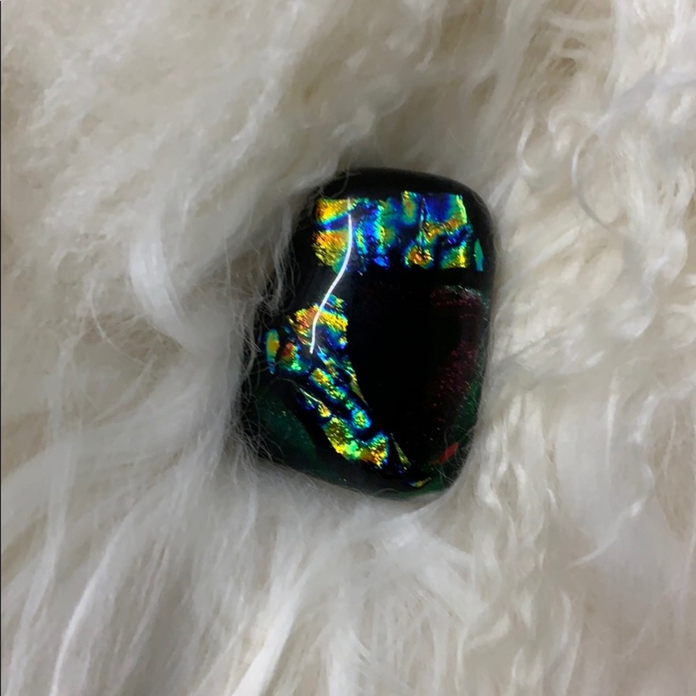 Vintage rainbow foiled Murano dark green brooch